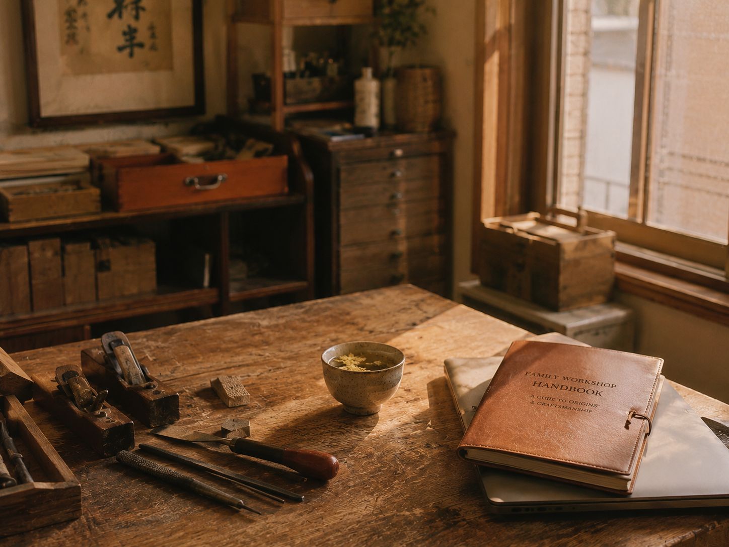 Family workshop bench: traditional craft tools on the left, closed laptop and bound manual on the right, ceramic tea cup between.