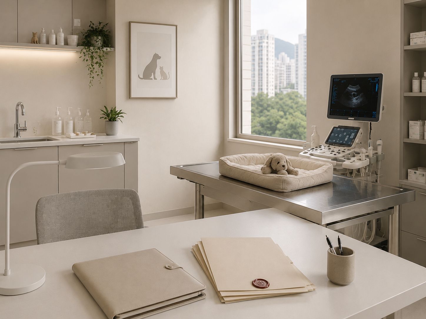 Quiet Hong Kong consultation room — leather portfolio and sealed bilingual document folders on a wooden desk in warm afternoon light.