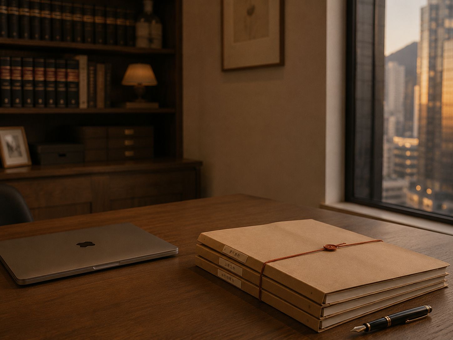 Tidy professional services office at dusk — closed laptop, three labeled kraft folders bound with terracotta string, fountain pen.