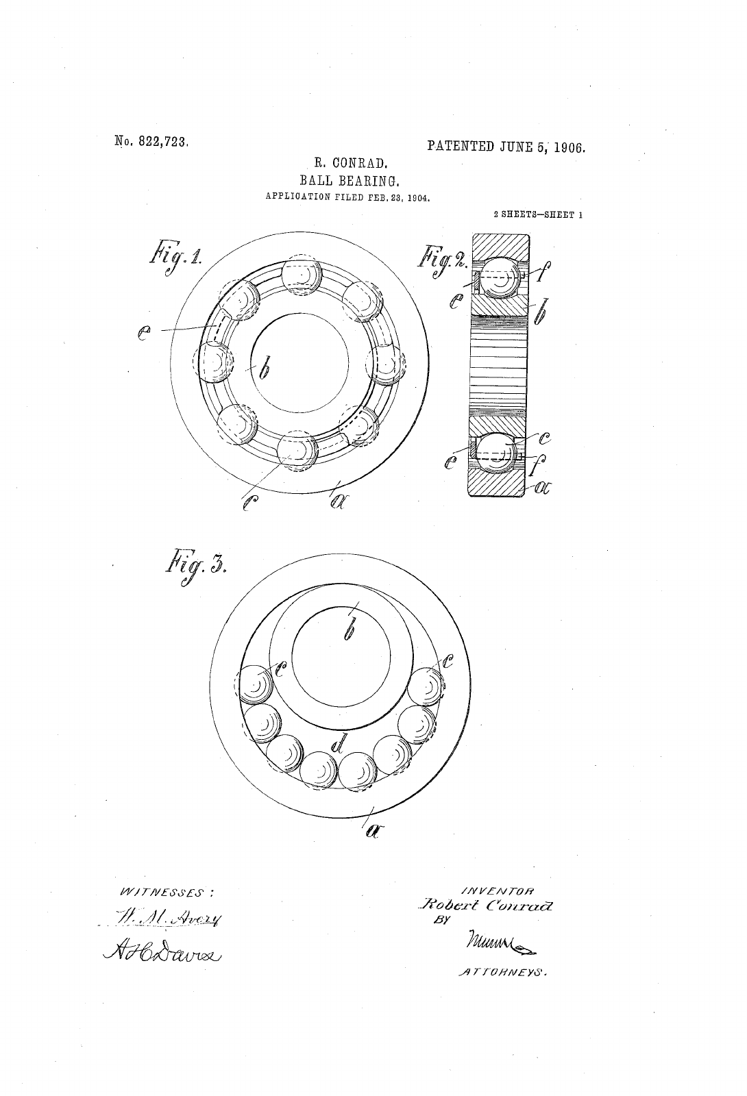 Robert Conrad's 1906 ball-bearing patent drawing, with structural and sectional views